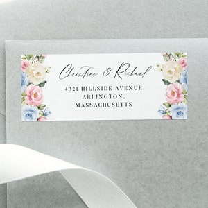 Modèle d&#39;étiquette d&#39;adresse - Sticker de mariage rustique bleu cendré et rose rose, adresse personnelle modifiable Avery et Vista, CHLOE