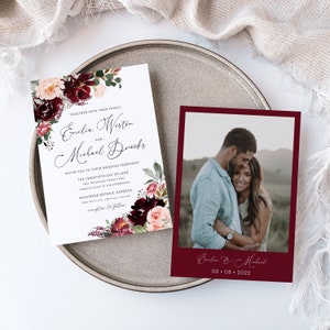 Weinrote Hochzeitseinladungsvorlage - Marsala und Blush Pink Botanische Einladen, Gartenparty, Herbstherbst Rustikale Blumen bearbeitbare Karte, WREN