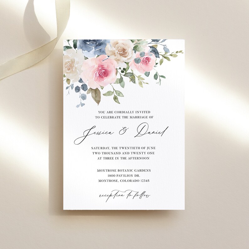 Ethereal Watercolor Wedding Invitation Template Dusty Blue and Soft Rose Pink Editable Card, Light Blue Floral Calligraphy Invite, TAYRA image 1