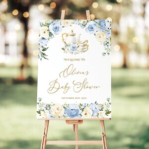 Tea Party Baby Boy Shower Welcome Sign Template - Tea Time Party Decor with Teapot and Tea Cups, Editable Banner, Dusty Blue Roses, REMI