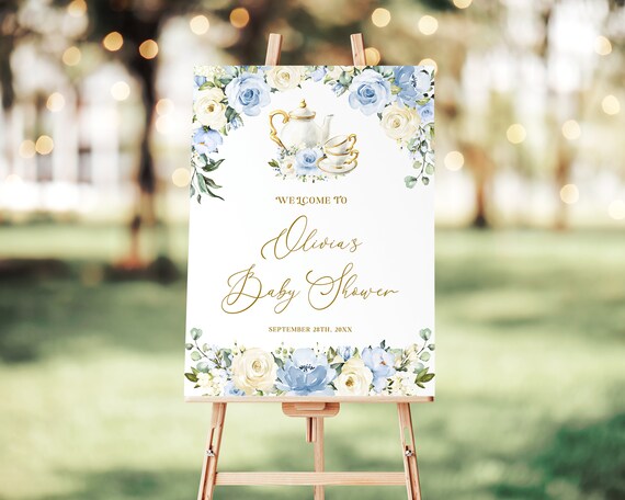 Tea Party Baby Boy Shower Welcome Sign Template Tea Time Party Decor with  Teapot and Tea Cups, Editable Banner, Dusty Blue Roses, REMI
