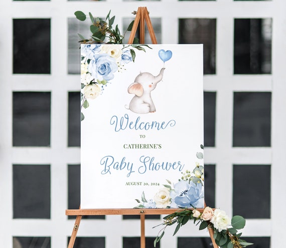Blue Elephant Baby Shower Welcome Sign Template - It's a Boy Welcome Banner, Editable and Printable Floral Party Decor, Corjl, JOHN Il_570xn