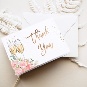 Blush Brunch und sprudelnde Brautparty Dankeskartenvorlage - Champagner-Party Danksagungshinweis gefaltet und flach, rosa Blumen editierbare Karte, ZUCKER