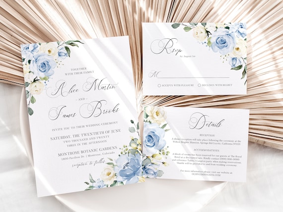 Wedding Invitation Suite Template - Rustic Floral Dusty Blue DIY Wedding Kit, Light Blue and Green Calligraphy Invite and RSVP Set, ALICE Il_570xn