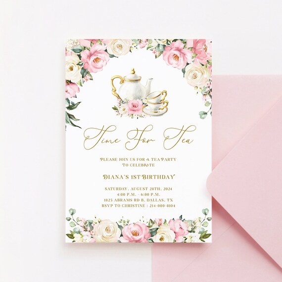 Blush Tea Party Invitation Template - Pink Flower Printable Girl Birthday Invite, Par-Tea Rustic Floral Editable Card, 1st Birthday, AURORA Il_570xn