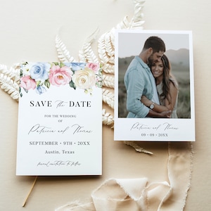 Modèle réservez votre date avec photo - carte réservez cette date bleu poussiéreux et rose poussiéreux, faire-part de mariage imprimable floral, CHLOÉ