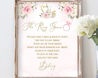 The Ring Bridal Shower Game Template - Don't Say Bride Game Sign, Blush and Ivory Roses Tea Party, Editable Pink Par-Tea Card, AURORA