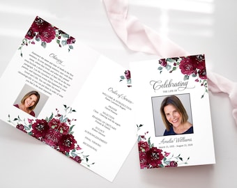 Red Roses Funeral Program Template - Memorial Program with Burgundy Flowers, Celebration of Life, Editable and Printable Folded Card, 3395