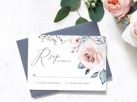 Rustic RSVP Card Template - Wedding Response Card Printable with Dusty Rose Pink and Dusty Blue Florals, Boho Chic Wedding Inserts, MELANIE Il_570xn
