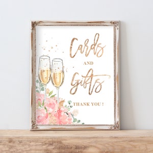 Brunch und Sekt Karten und Geschenke Schild Vorlage - Blush Pink Brautparty Geschenk Schild bedruckbar, rustikale Blumen Champagner Party Dekoration, SUGAR