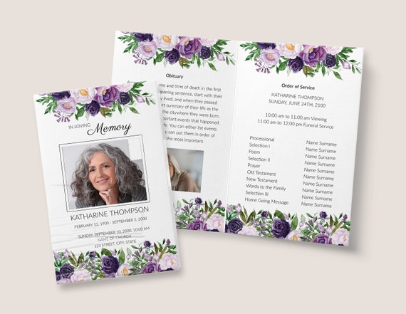 Funeral Program Template Memorial Program With Purple Etsy India