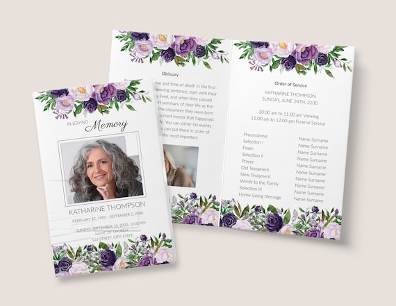 Funeral Program Template Memorial Program With Purple Etsy India