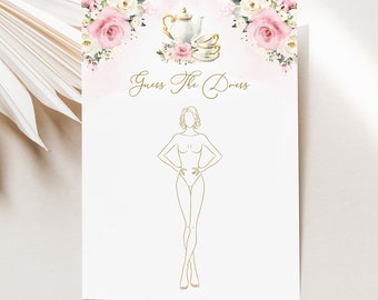 Guess The Dress Bridal Shower Game Template - Blush Tea Party, Editable Dusty Rose Pink Ivory Par-Tea Card, Tea Time Fun Game, AURORA