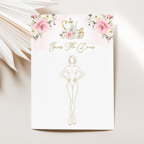 Guess The Dress Bridal Shower Game Template - Blush Tea Party, Editable Dusty Rose Pink Ivory Par-Tea Card, Tea Time Fun Game, AURORA
