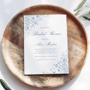 Rustic Baby Blue Bridal Shower Invitation Template - Floral Dusty Blue Printable Invite with Elegant Calligraphy, Editable Card, EMMA