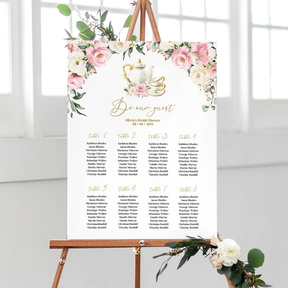 Tea Party Seating Chart Printable Template - Bridal Shower Table Seating Chart Board, Baby Shower Pink Floral Seat Plan Sign, Corjl, AURORA Il_570xn