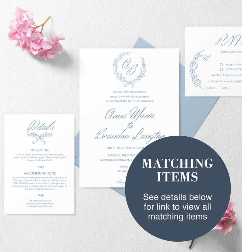 Dusty Blue Wedding Program Template with Wreath Folded Order of Service, Elegant Editable Ceremony Program with Crest Logo, NIKA image 5