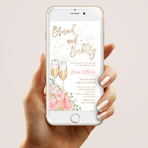 Blush Pink Brunch and Bubbly Bridal Shower Electronic Invitation Template Champagne Party Phone Invite, Rustic Floral Digital Card, SUGAR image 2