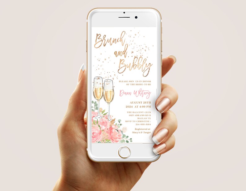 Blush Pink Brunch and Bubbly Bridal Shower Electronic Invitation Template Champagne Party Phone Invite, Rustic Floral Digital Card, SUGAR image 2