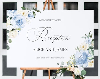 Dusty Blue Wedding Reception Welcome Sign Template - Rustic Floral Welcome To Our Reception Sign, Editable Garden Party Sign, ALICE