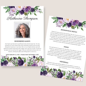 Obituary Template - Funeral Memorial Card with Purple Peonies and Lavender Roses, Printable and Editable Celebration of Life Card, 1584