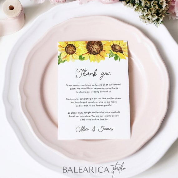 Sunflower Reception Thank You Letter Template - Yellow Fall Autumn Wedding Napkin Note, Rustic Floral Menu Thanks Card, Country Barn, SUNNY Il_570xn
