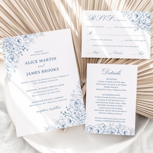 Modello suite per invito a nozze blu polvere - Invito romantico azzurro e set RSVP, kit floreale rustico modificabile con biglietto da inserire, EMMA