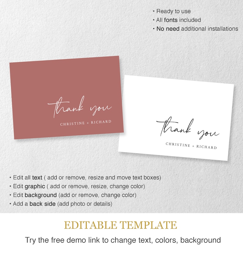 Thank You Cards Template NINA Modern Minimalist Thanks Card Printable Wedding or Bridal Shower Thank You Notes Folded and Flat