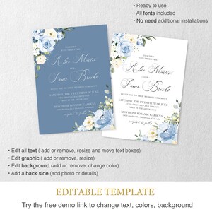 Rustic Wedding Invitation Instant Download Dusty Blue DIY Wedding Card Template, Light Blue and Green Floral Calligraphy Invite, ALICE image 3