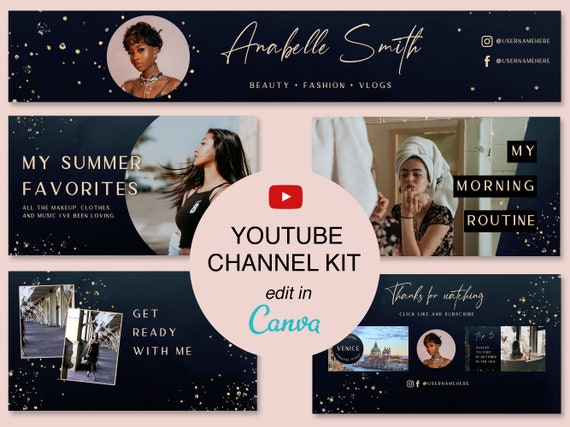 Youtube Channel Kit Editable Canva Template Black Gold Youtube Branding Kit Youtube Banner Youtube Intro End Card Thumbnails Ebgb1 By Balearica Studio Catch My Party