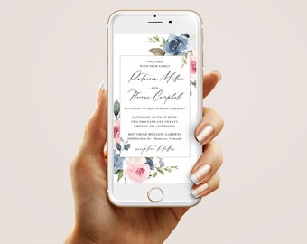 Electronic Wedding Invitation Template - Dusty Blue and Soft Rose Pink Phone Evite, Floral Mobile Invite, Ethereal Watercolor Flowers, TAYRA