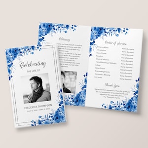 Funeral Program Template - Memorial Program with Royal Blue Roses, Celebration of Life, Printable In Loving Memory for Man or Woman, 3345