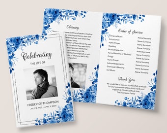 Funeral Program Template - Memorial Program with Royal Blue Roses, Celebration of Life, Printable In Loving Memory for Man or Woman, 3345