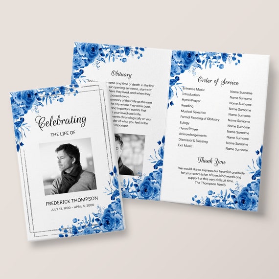 Funeral Program Template - Memorial Program with Royal Blue Roses, Celebration of Life, Printable In Loving Memory for Man or Woman, 3345 Il_570xn