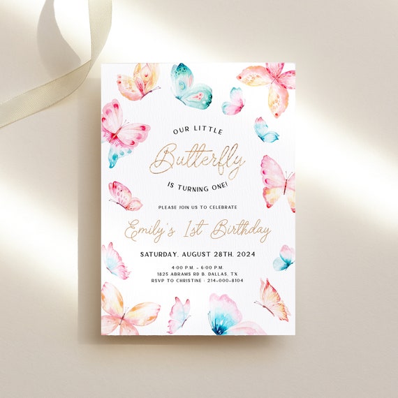 Butterfly 1st Birthday Invitation Template - Printable Pink Gold Girl First B-day Invite, Our Little Butterfly Party Editable Card, FIONA Il_570xn