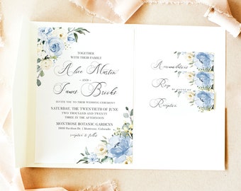 Pocket Folder Wedding Invitation Suite Template - Dusty Blue Roses Invite, Details Card and RSVP Set, Editable Pocketfolder Kit, ALICE