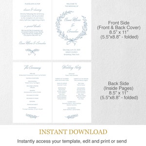 Dusty Blue Wedding Program Template with Wreath Folded Order of Service, Elegant Editable Ceremony Program with Crest Logo, NIKA image 2