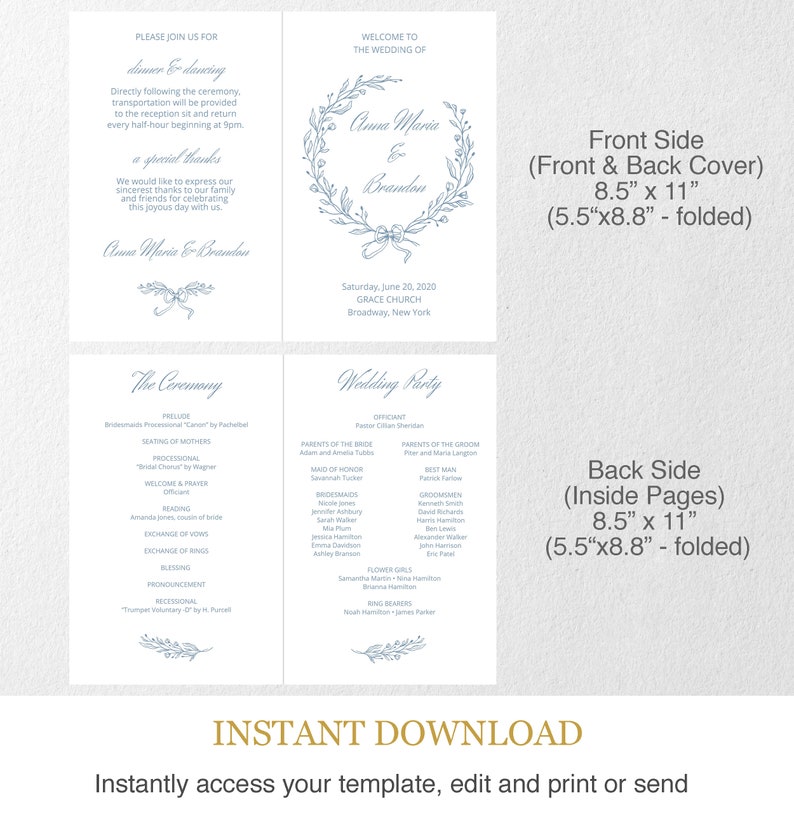 Dusty Blue Wedding Program Template with Wreath Folded Order of Service, Elegant Editable Ceremony Program with Crest Logo, NIKA image 2