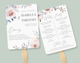 Wedding Program Fan Template - Boho Wedding Fan with Blue and Pink Flowers, Rustic Wedding Programs Fan Assembled, 5x7, MELANIE