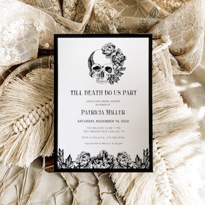 Halloween-Totenkopf-Brautparty-Einladungsvorlage – Gothic-Party-Einladung, schwarze florale Vintage-Hochzeitsparty, Till Death Do Us Part, NORA