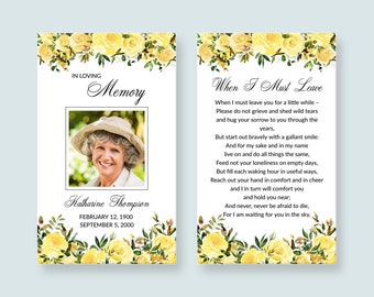 Funeral Prayer Card Template - Editable Memorial Cards for Woman with Yellow Roses, Funeral Favors, In Loving Memory, Obituary Card, 3310