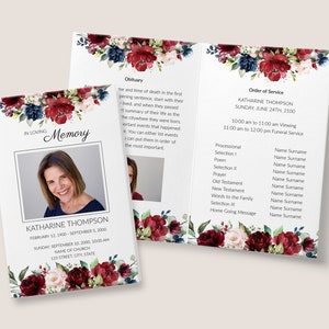 Modello per programma funebre - Programma commemorativo con rose rosse bordeaux e blu navy, celebrazione della vita, modificabile e stampabile, Corjl, 3389