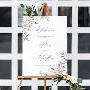 Hochzeit Willkommen Schild Druckbare Vorlage - Dusty Blau und Altrosa Hochzeitsschild, Floral Willkommen zu unserer Hochzeit Zeichen, CHLOE