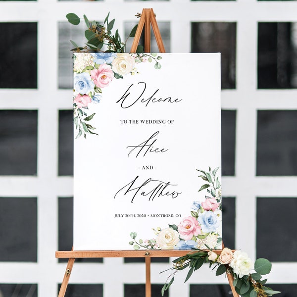Wedding Welcome Sign Printable Template - Dusty Blue and Dusty Rose Pink Wedding Sign, Floral Welcome To Our Wedding Sign, CHLOE