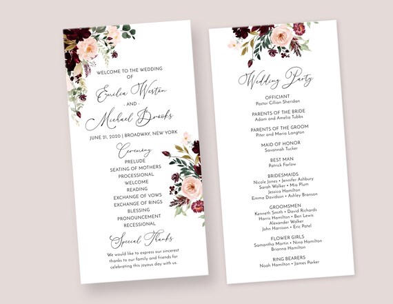 Burgundy Wedding Program Template - Red and Blush Pink Program Printable, Catholic Rustic Floral Winter Wedding Ceremony Program Long, WREN Il_570xn