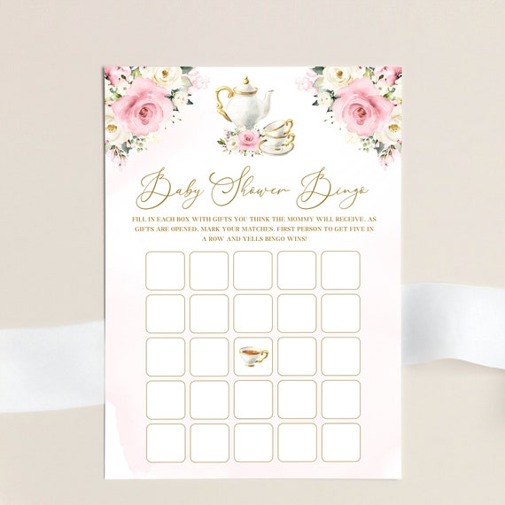 Tea Party Baby Shower Bingo Template - Baby Girl Shower Activity Game Cards Printable, Floral Dusty Rose Pink, Digital Download, AURORA Il_570xn