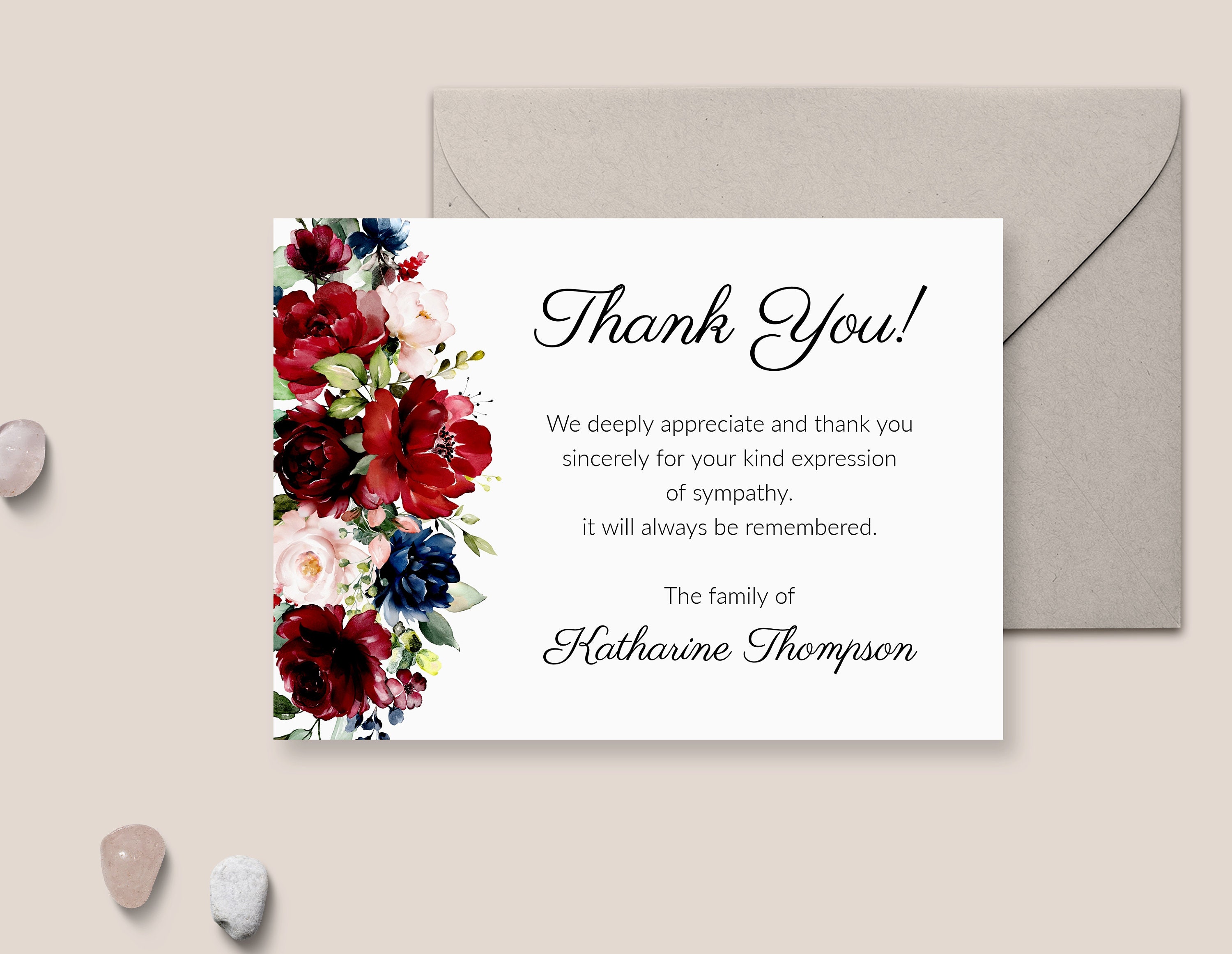 Funeral Thank You Card Template - Printable Thank You Notes, Sympathy  Acknowledgement Cards with Burgundy Red and Navy Blue Roses, 23 In Thank You Note Cards Template