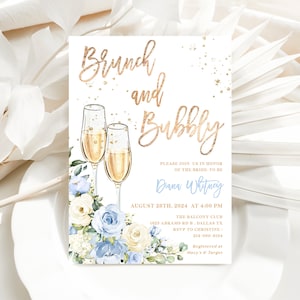 Brunch und sprudelnde Brautdusche Einladung Vorlage - Dusty Blue Party Einladen, Champagner-Gläser, hellblaue Rosen Karte, ZUCKER