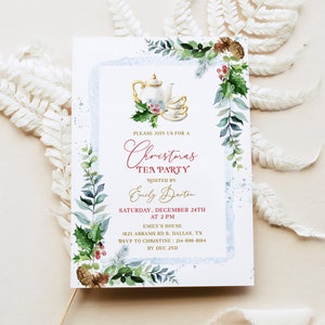 Modello di invito per il tea party di Natale - Invito per il brunch stagionale, Inviti per le vacanze invernali pomeridiane, Biglietto di auguri per il par-tea di Natale, AGRIFOGLIO