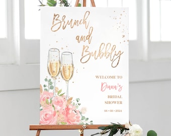 Blush Brunch und sprudelnde Brautdusche Willkommensschild Vorlage - Druckbare Champagner Party Dekoration, bearbeitbares rosa Blumen Willkommensposter, ZUCKER